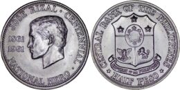 Philippines . AR 1/2 Peso. 1961. 100th Anniversary of Birth of José Rizal