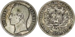Venezuela. Silver 5 Bolivars. 1936